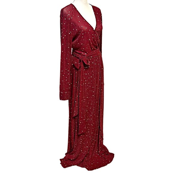 Unique Vintage Red & Silver Stars Farrah Maxi Dress V-Neck Sheer Holiday Gown - Picture 9 of 10
